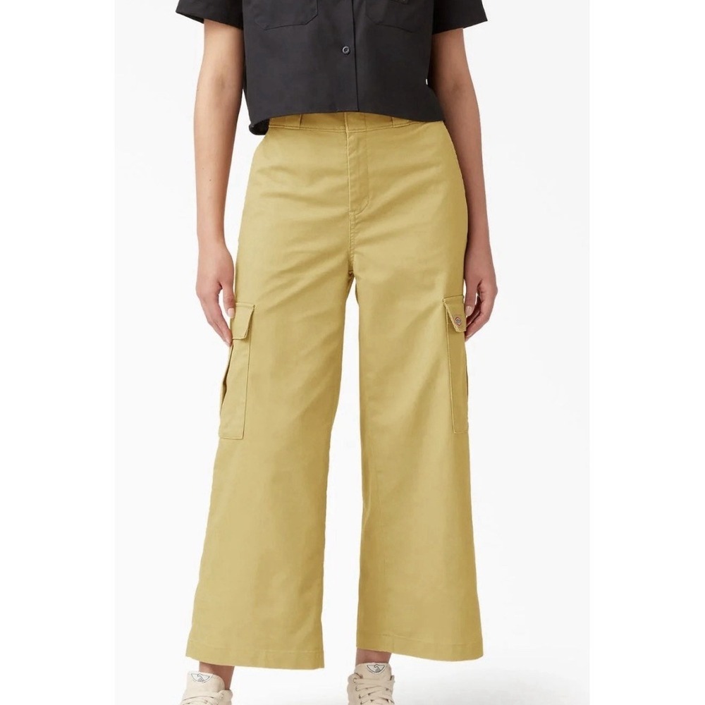 Dickies Womens Cargo Pants 10R x26 Relaxed Wide Leg Cropped Belt Khaki Beige New
